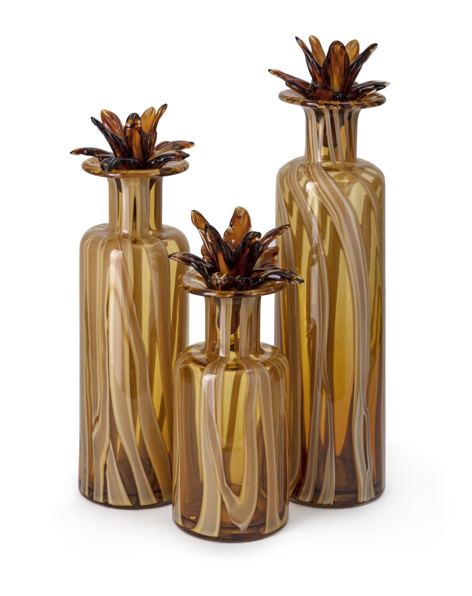 Imax 48210-3 Wells Art Glass Bottles With Flower Stopper - Set Of 3