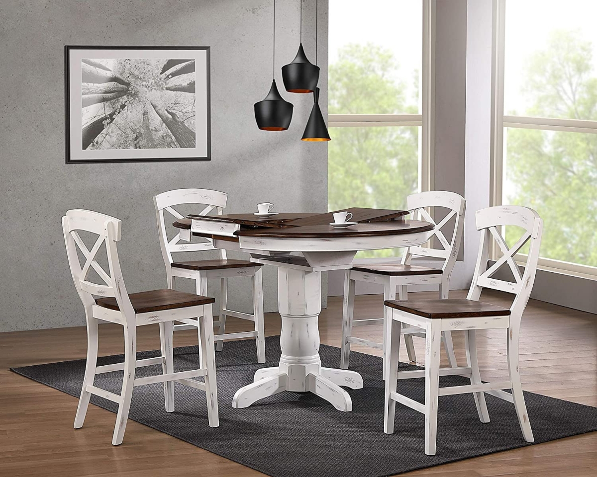 42 X 42 X 60 In. Transitional X-back Counter Height Chair Dining Set With Cocoa Brown Distressed & Cotton White Distressed Collection - 5 Piece