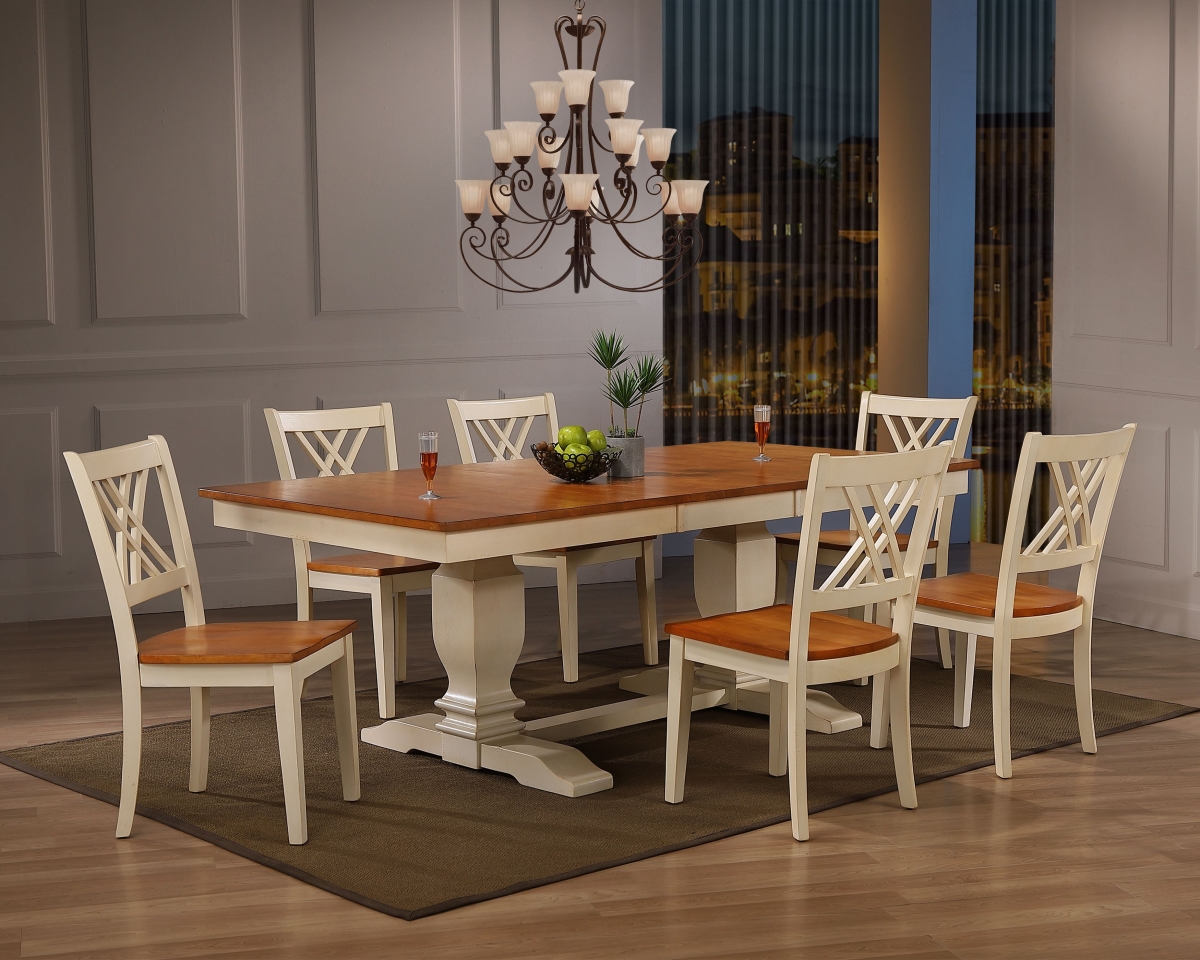 Rt82-tr-ch56-cl-bi 7 42 X 64 X 82 In. Double Pedestal Transitional Antiqued X-back Chair Dining Set With Caramel & Biscotti Finish - 7 Piece