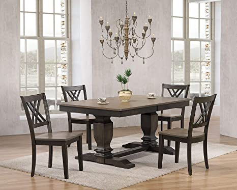 Rt82-tr-ch56grsbks 5 42 X 64 X 82 In. Double Pedestal Transitional Antiqued X-back Chair Dining Set With Grey Stone & Black Stone Finish - 5 Piece