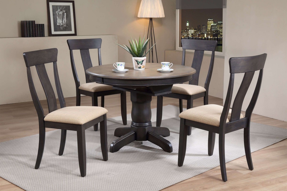 RD42-T-GRS-BKSBS-RD42-W-BKSCH57-U-97-BKS 42 x 42 x 60 in. Round Panel Back Upholstered Dining Set, Antiqued Grey Stone & Black Stone - 5 Piece