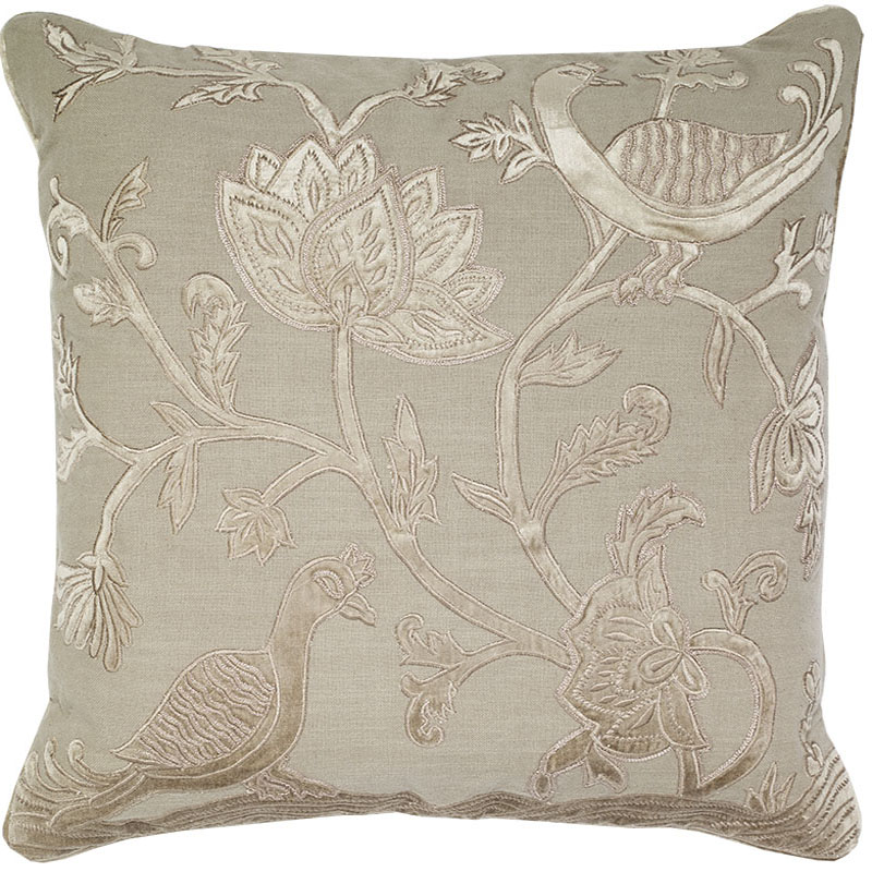 C1032 Floral Bird Velvet Applique Embroidered On Linen Pillow Cover - Cream & Natural