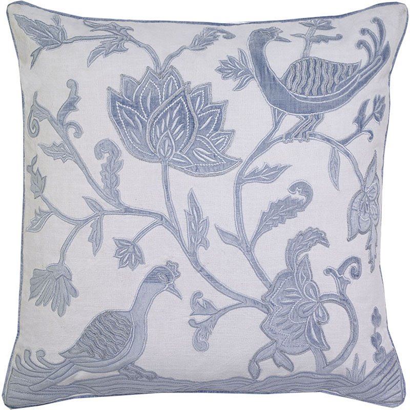 C1033 Floral Bird Velvet Applique Embroidered On Linen Pillow Cover - White & Blue