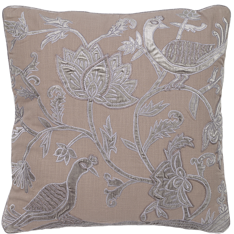 C1034 Floral Bird Velvet Applique Embroidered On Natural Linen Pillow Cover
