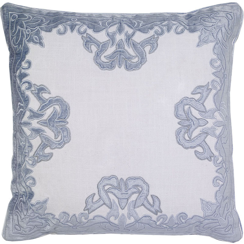 C1036 Aviva Velvet Applique Embroidered On White Linen Pillow Cover - Cream & Blue
