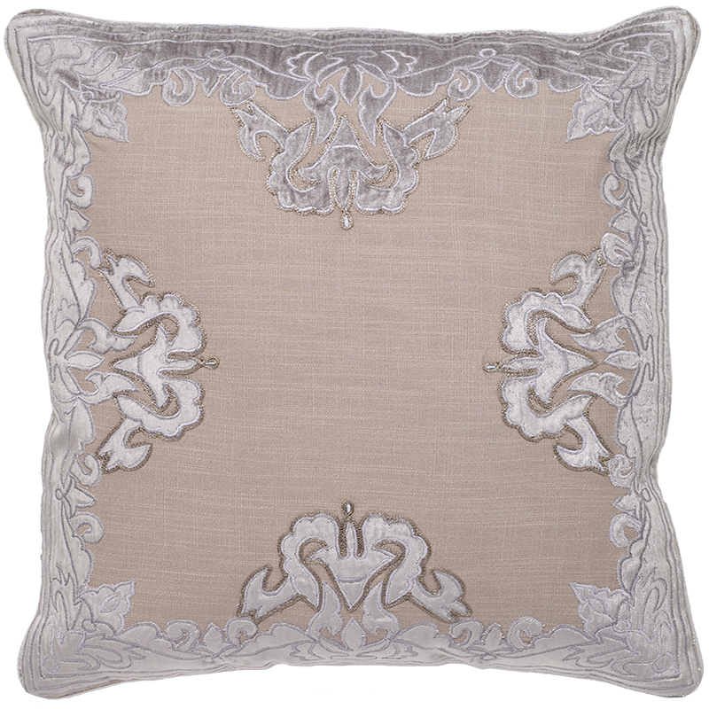 C1037 Aviva Velvet Applique Embroidered On Natural Linen Pillow Cover - Cream & Brown