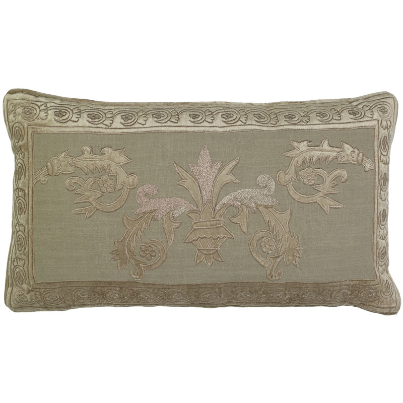 C1038 Venezia Velvet Applique Embroidered On Natural Linen Pillow Cover - Cream & Brown