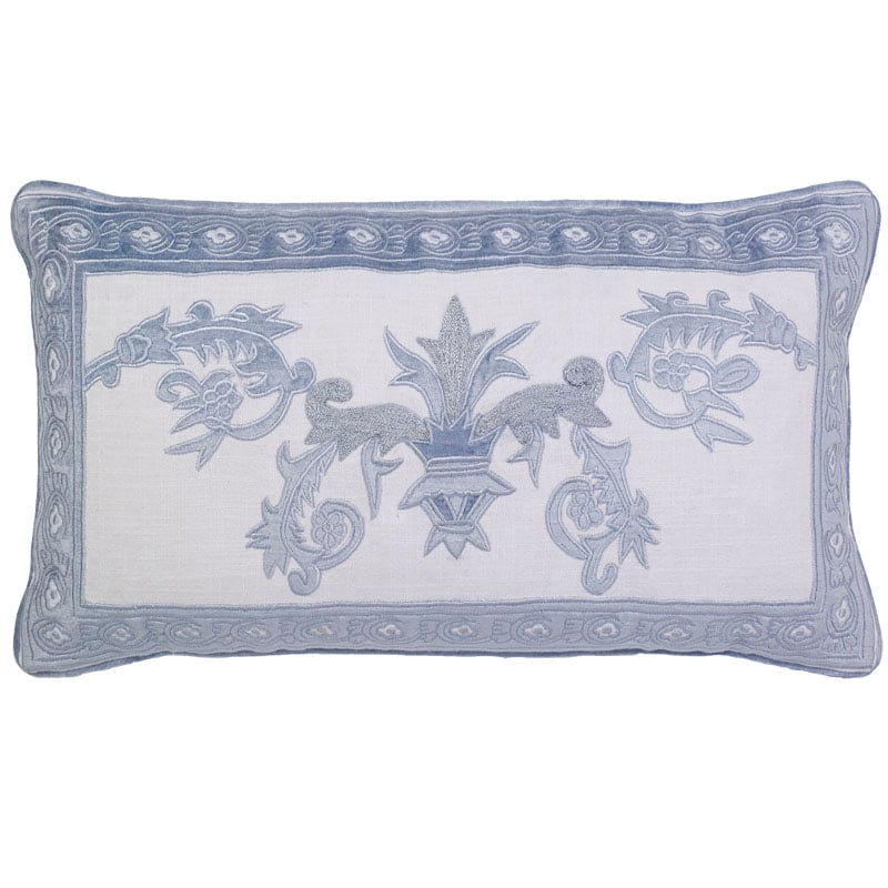 C1039 Venezia Velvet Applique Embroidered On Natural Linen Pillow Cover - Cream & Blue