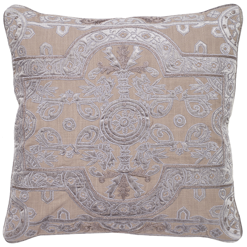 C1042 Louis Velvet Applique Embroidered On Natural Linen Pillow Cover - Brown & Cream