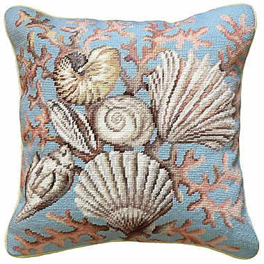 C932 Corals And Shells Needlepoint Wool Throw Pillow - 20 X 20 In.
