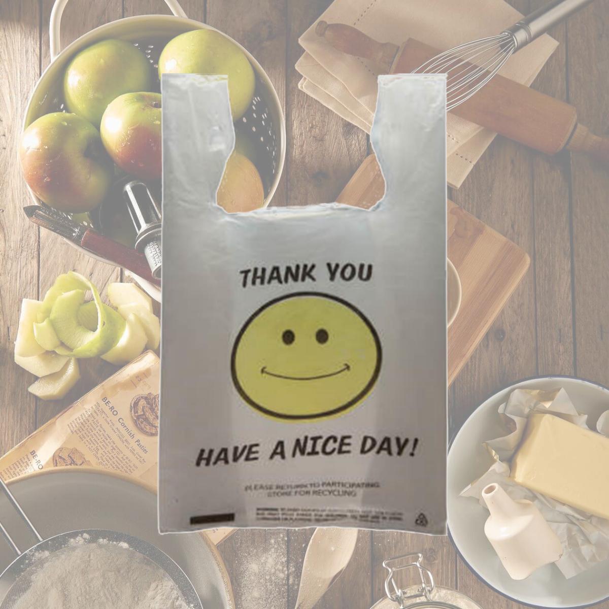 Picture of International Plastics MB-T-22SM 0.16 White HD with Smiley Face Thank You Shopping Bags - Case of 800