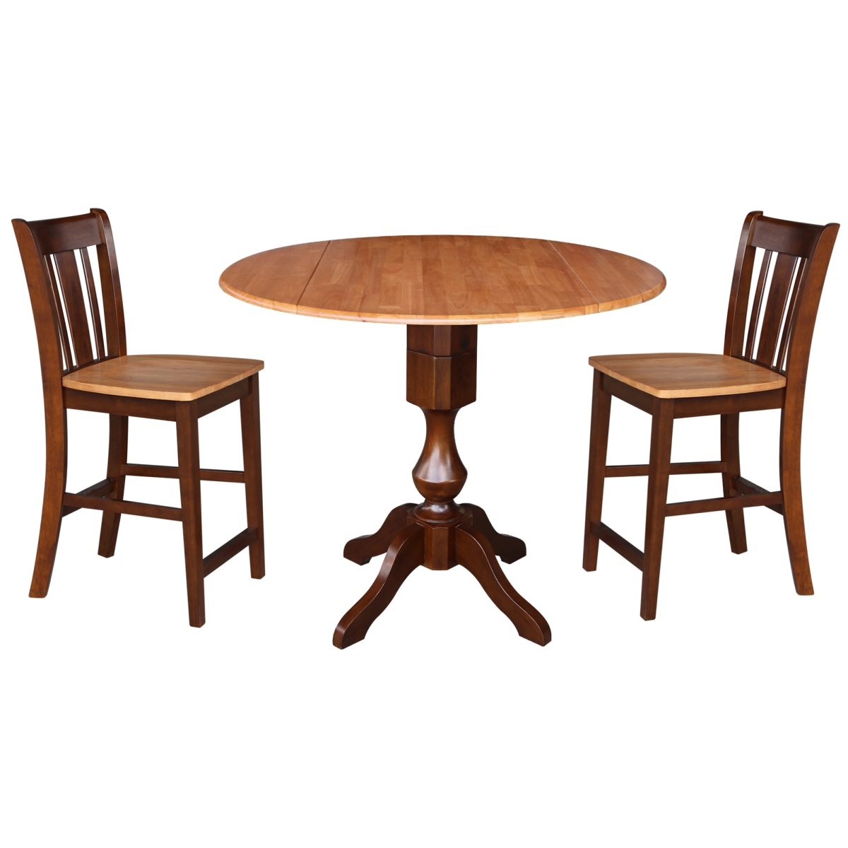 K58-42dpt-11p-s102-2 42 In. Round Pedestal Gathering Height Table With 2 Counter Height Stools - Cinnemon & Espresso