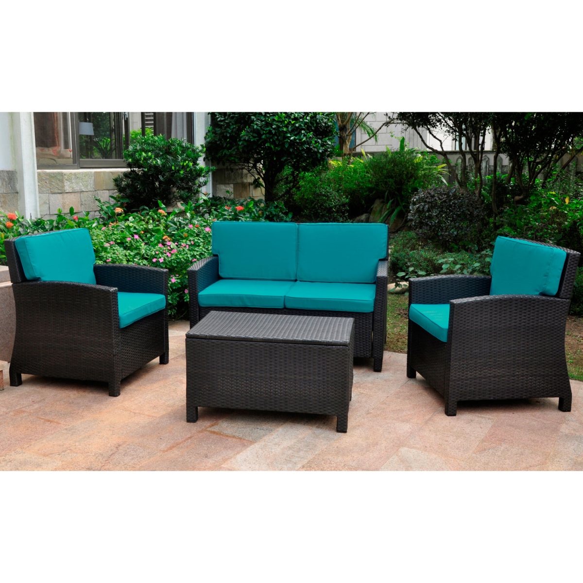 4140-s4-abk-ab Lisbon Resin Wicker & Steel Settee Group With Cushion, Black Antique - Set Of 4