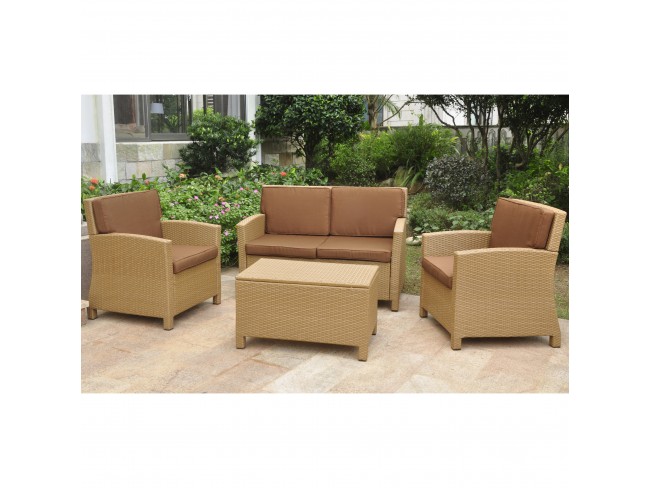4140-s4-hy-dc Lisbon Resin Wicker & Steel Settee Group With Cushion, Honey - Set Of 4