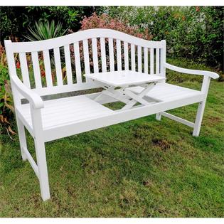 Tt-3b-019-ac-awt Royal Fiji Acacia 59 In. Camel Back 63 In. 3-seater Bench With Pop-up Table, Antique White