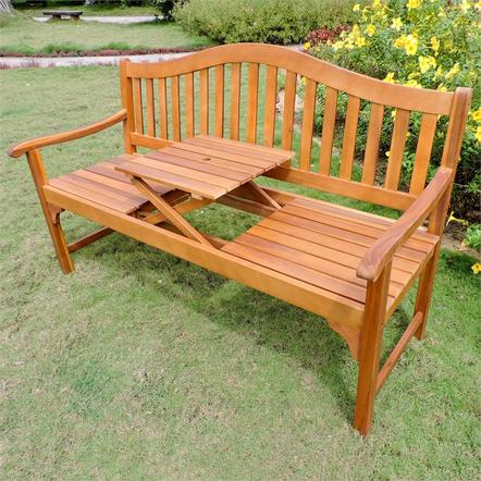 Tt-3b-019-ac-stn Royal Fiji Acacia 59 In. Camel Back 63 In. 3-seater Bench With Pop-up Table, Stain