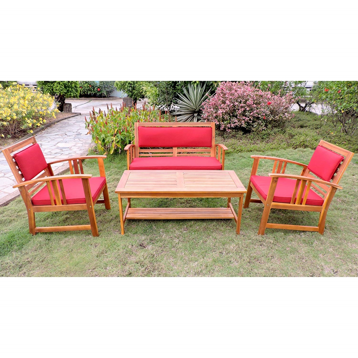 Tt-103-ac-s4-rr Royal Tahiti Brisbane Acacia Settee Group With Cushions, Ruby Red - 4 Piece