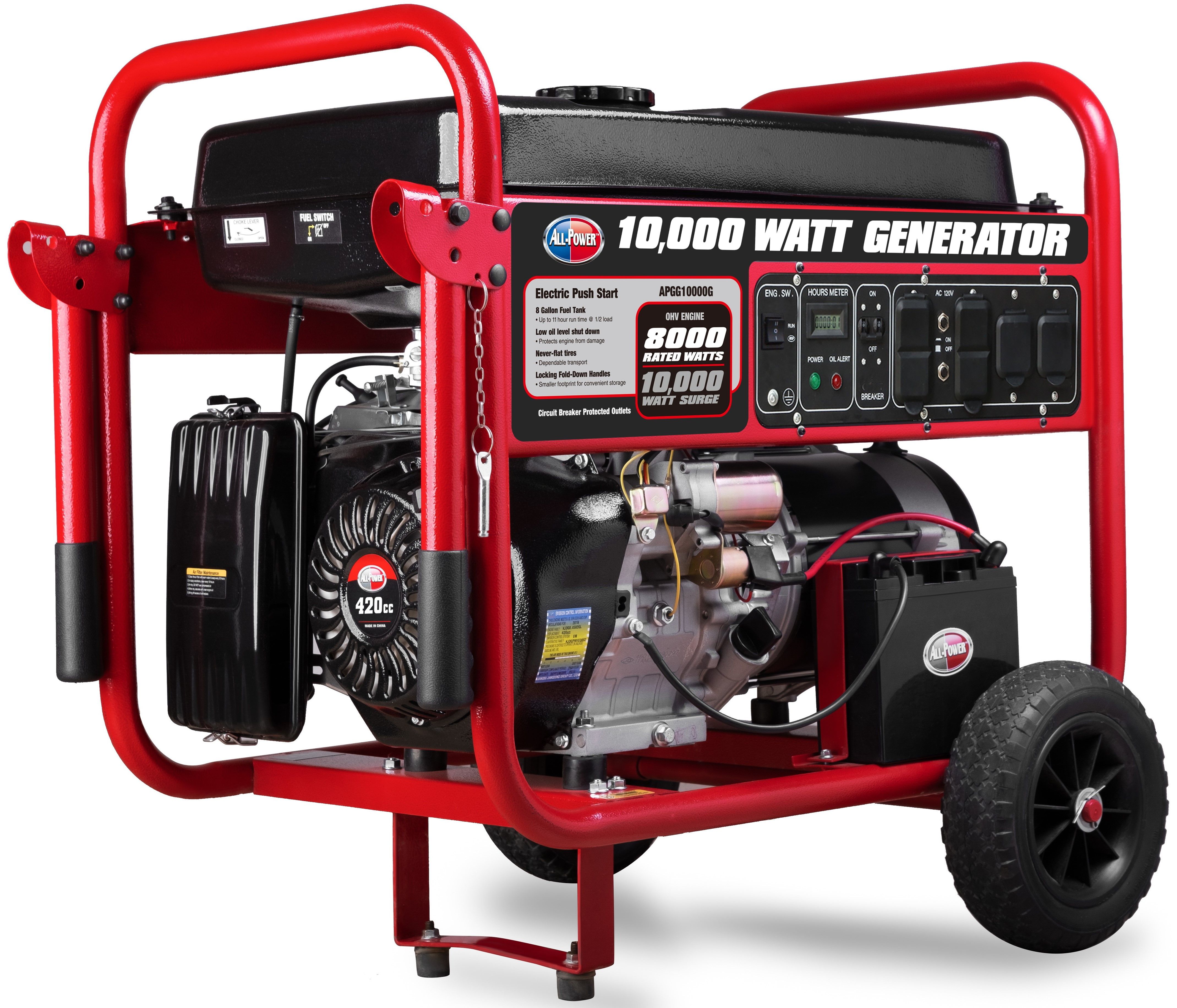 Apgg10000c 10000 Watt Gasoline Powered Electric Start Portable Generator With Wheel Kit, Black & Red