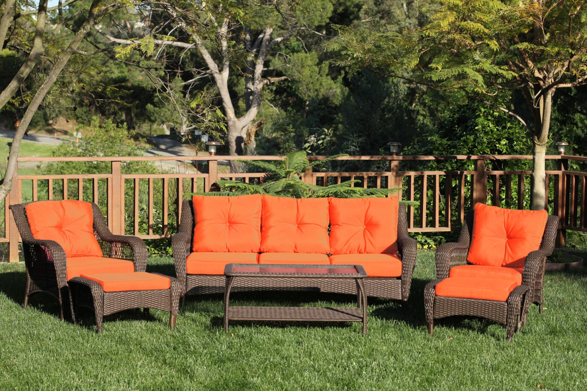 6 Piece Wicker Seating Set With Orange Cushion