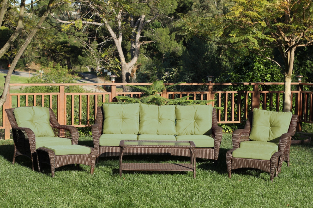 6 Piece Wicker Seating Set With Green Cushion
