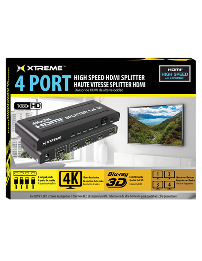 XHV1-1017-BLK 4-Way HDMI Splitter with Power Adapter, Black