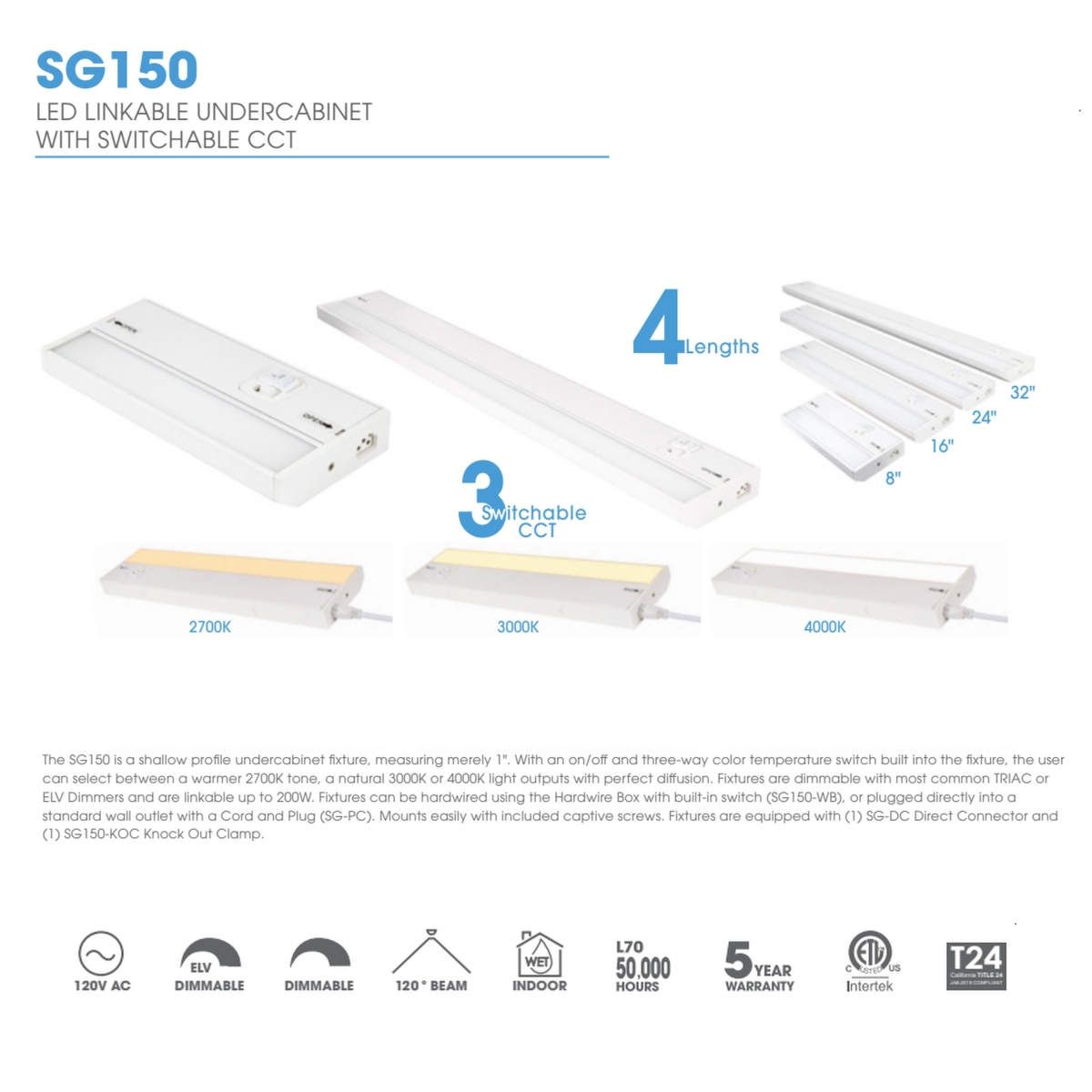 Picture of Jesco SG150-16-SWC-WH 16 in. 10W Shallow Profile LED Linkable Undercabinet Light with Adjustable Color Temperature, White