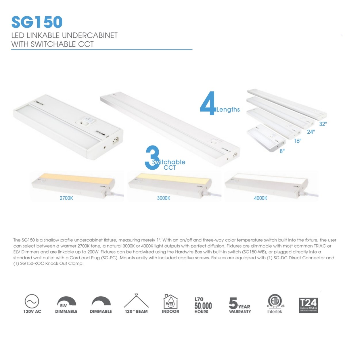 Picture of Jesco SG150-24-SWC-WH 24 in. 14W Shallow Profile LED Linkable Undercabinet Light with Adjustable Color Temperature, White