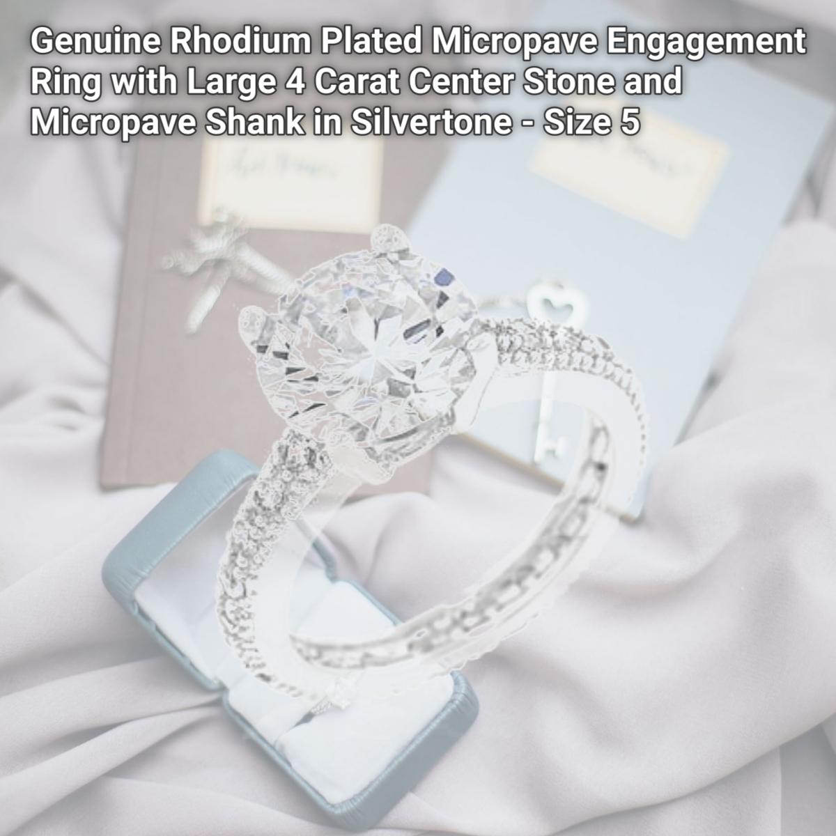 Picture of Genuine Rhodium Plated Micropave Engagement Ring with Large 4 Carat Center Stone and Micropave Shank in Silvertone - Size 5