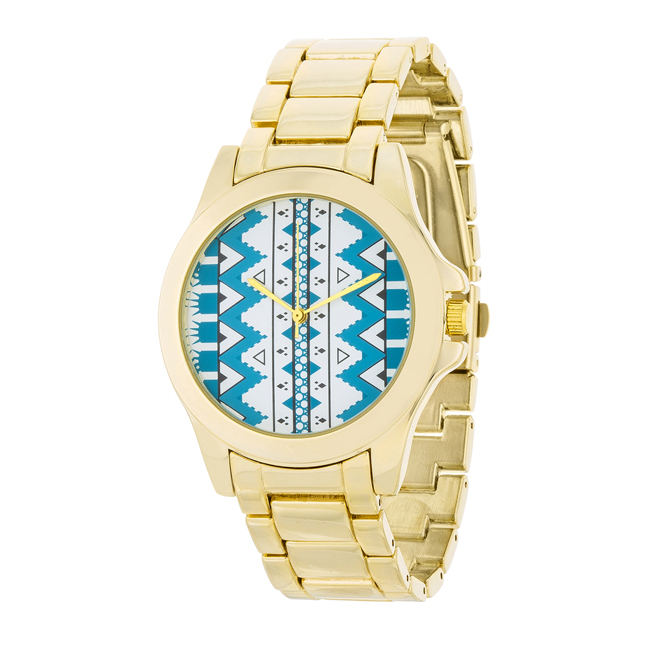 Womens Gold Watch With Designed Dial, White & Blue Dial