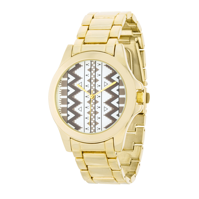 Womens Gold Watch With Designed Dial, White & Brown Dial