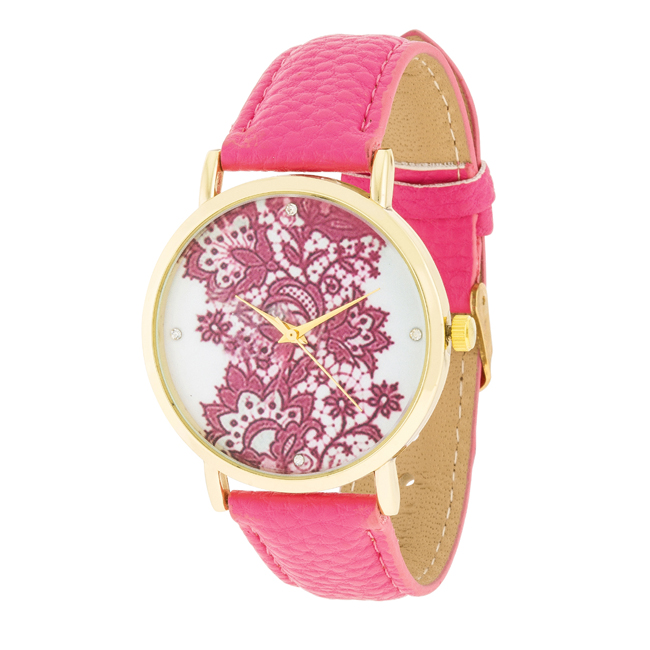Womens 0.02 Ct Gold Watch With Floral Print Dial, Pink