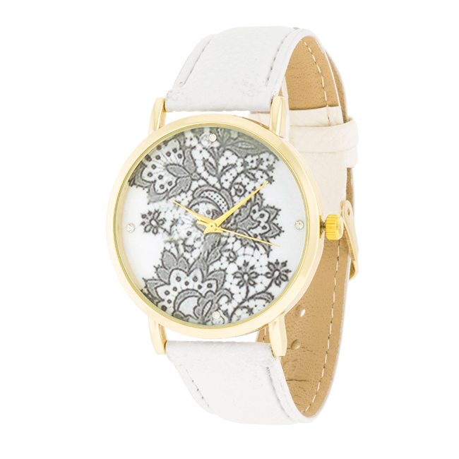 Womens 0.02 Ct Gold Watch With Floral Print Dial, White