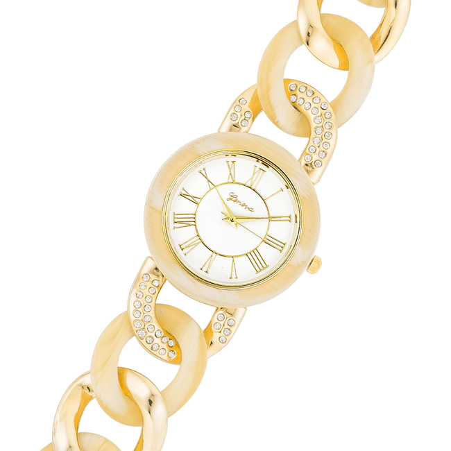 Womens Gold Link Watch With Crystlas, Clear