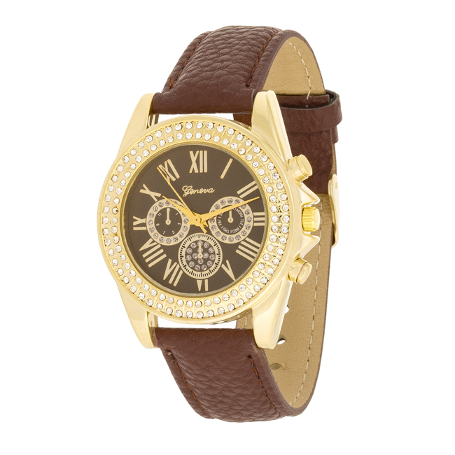 Womens Leather Watch with Crystals Brown