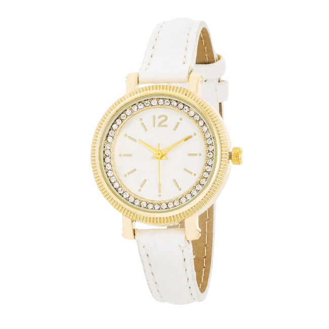 Womens Georgia Gold Crystal Watch With Leather Strap, White