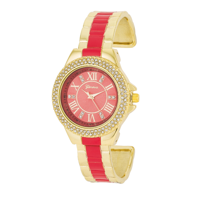 Womens Gold Metal Cuff Watch With Crystals, Coral