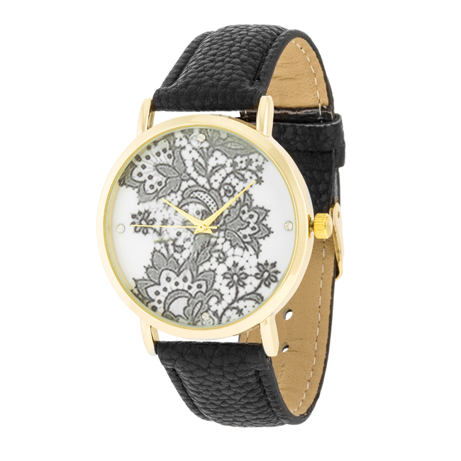 Womens Gold Watch With Floral Print Dial, Black