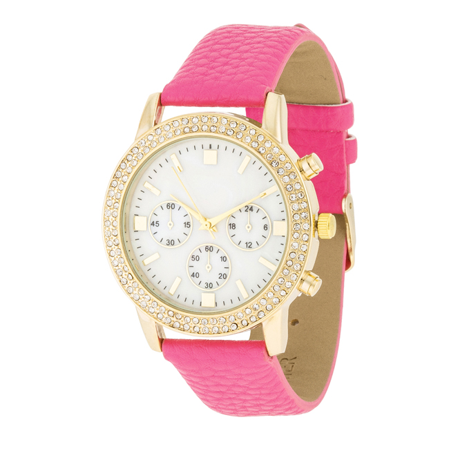 Womens Gold Shell Pearl Watch With Crystals, Pink