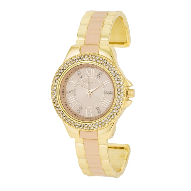 Womens Gold Metal Cuff Watch With Crystals, Beige