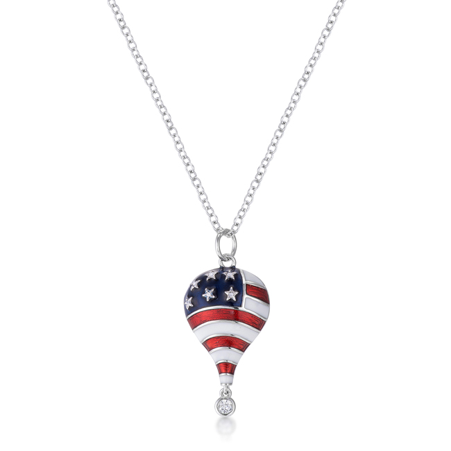 0.1 Ct Patriotic Hot Air Balloon Rhodium Necklace With Cubic Zirconia - Clear, Red, White & Blue