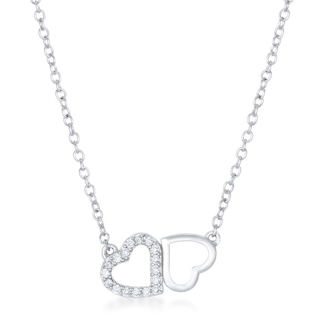 Sweet & Romantic Rhodium Melded Cubic Zirconia Hearts Necklace - Clear