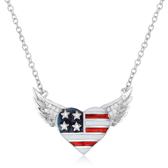 0.14 Ct Patriotic Winged Heart Necklace With Cubic Zirconia Accents - Multicolors