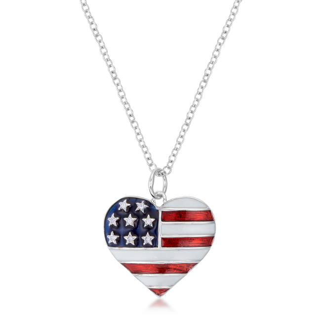 Stars & Stripes Rhodium Necklace With Cubic Zirconia - Clear, Red, White & Blue