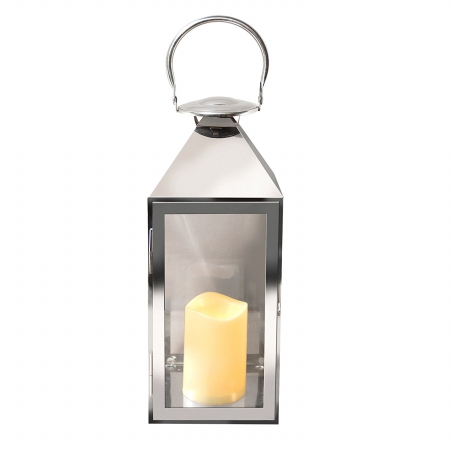 90901 Metal Lantern With Led Candle - Chrome Traditional