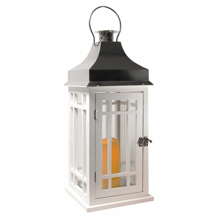 95001 Wooden Lantern With Led Candle, White & Silver