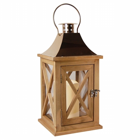 95101 Wooden Lantern With Led Candle, Brown & Copper