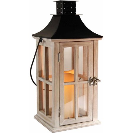 95201 Wooden Lantern With Led Candle, White Washed With Black Roof