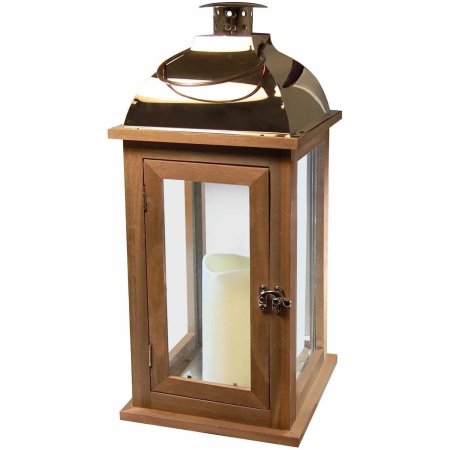 95301 Wooden Lantern With Led Candle, Brown With Copper Roof