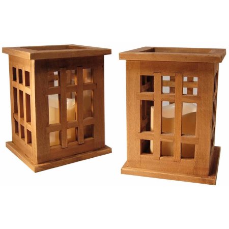 95402 Wooden Lanterns With Led Candles, Natural Brown, 2 Count