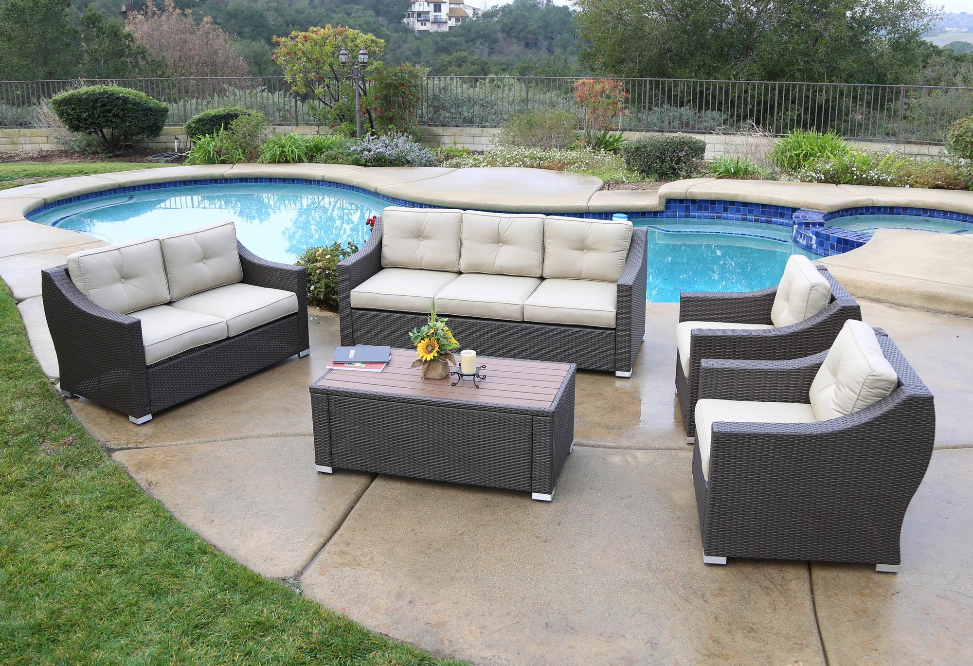 Sb-3775ds-6 5 Piece South Beach Wicker Patio Deep Seating Group With Cushion